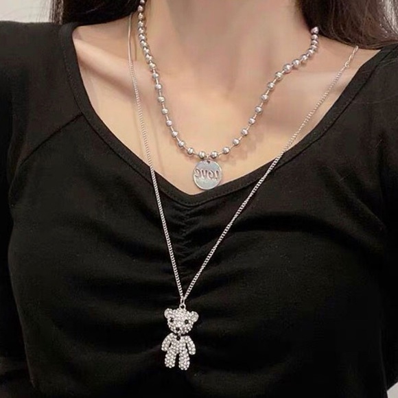 NEW | Crystal Teddy Bear Silver Necklace Set - Picture 1 of 3